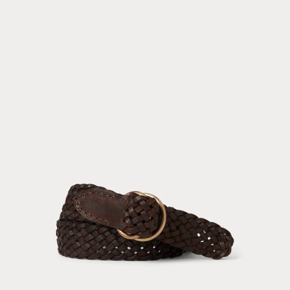 NWT DOUBLE RL Men's Leather Braided Belt Dark Brown Size 26